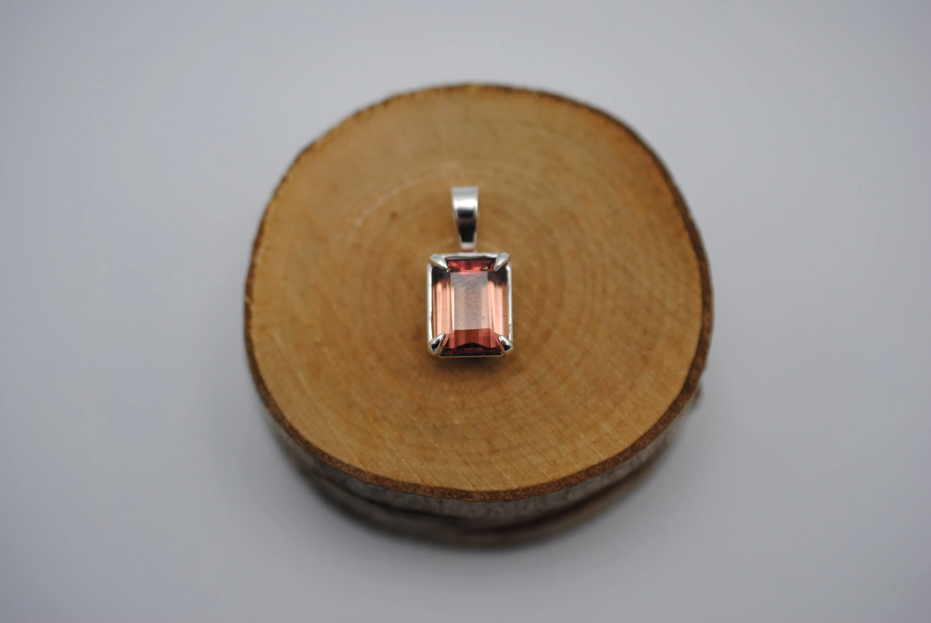 Pink Tourmaline Necklace: Emerald Cut, Silver Leaf Basket Setting, Silver Wheat Chain