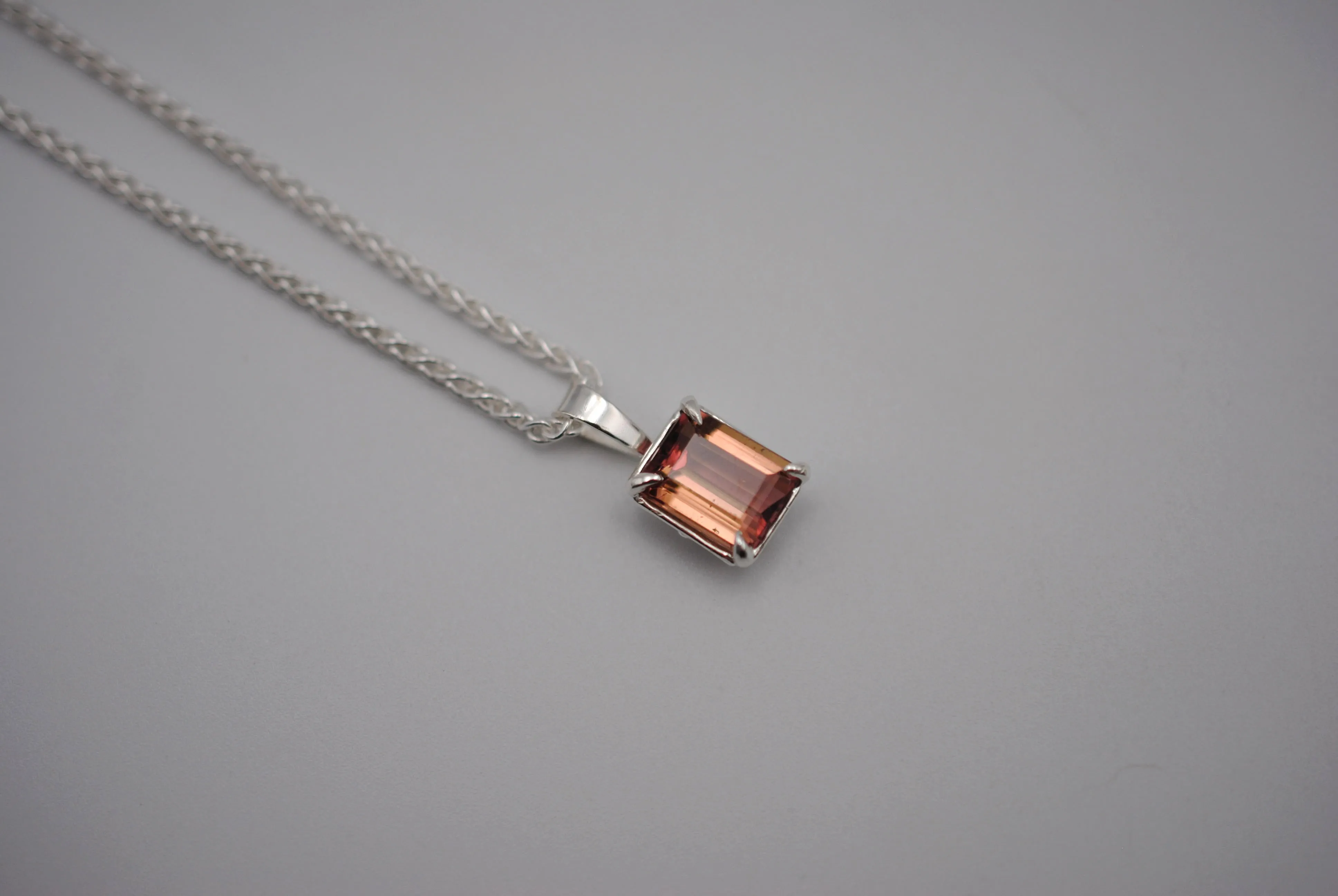 Pink Tourmaline Necklace: Emerald Cut, Silver Leaf Basket Setting, Silver Wheat Chain