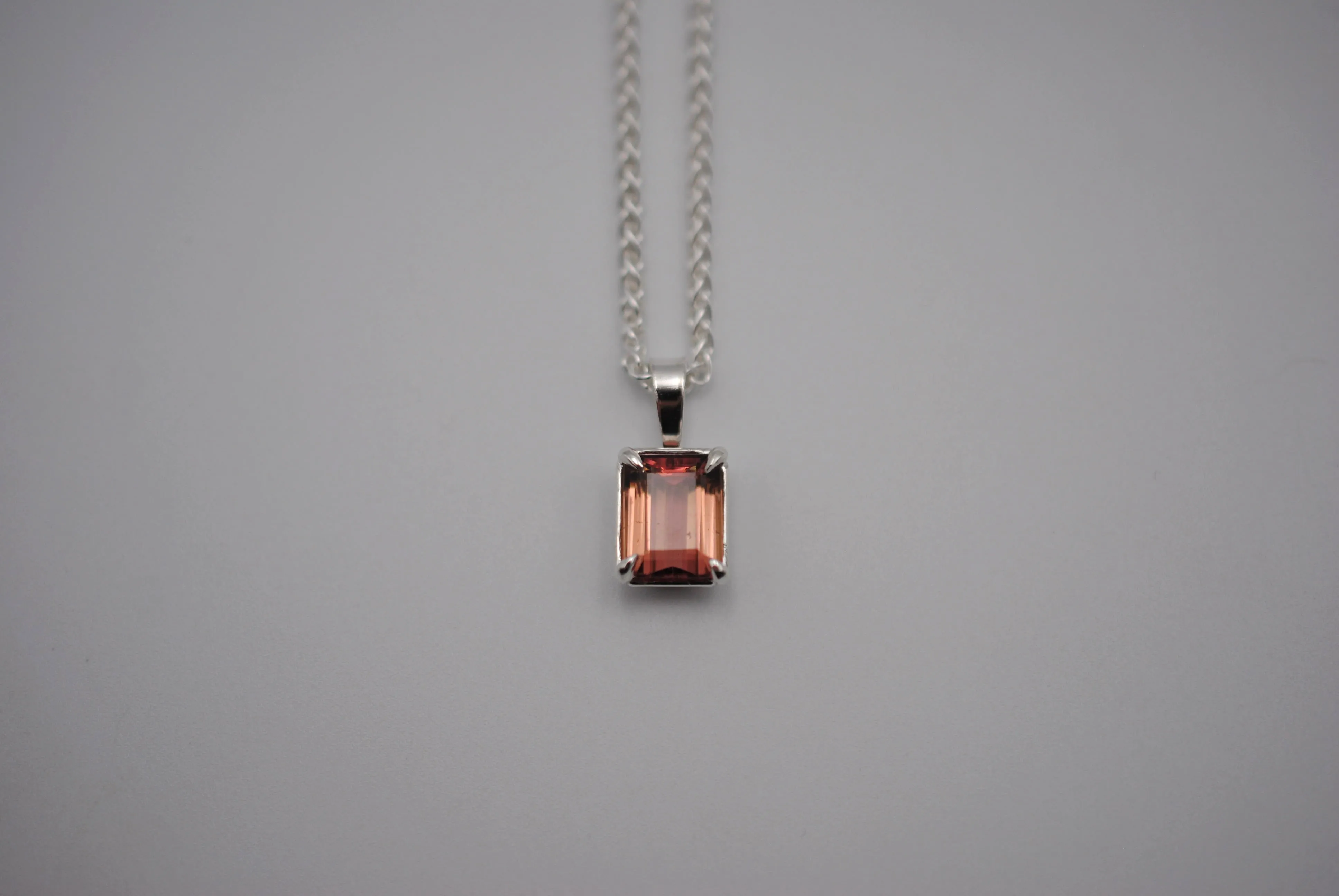 Pink Tourmaline Necklace: Emerald Cut, Silver Leaf Basket Setting, Silver Wheat Chain