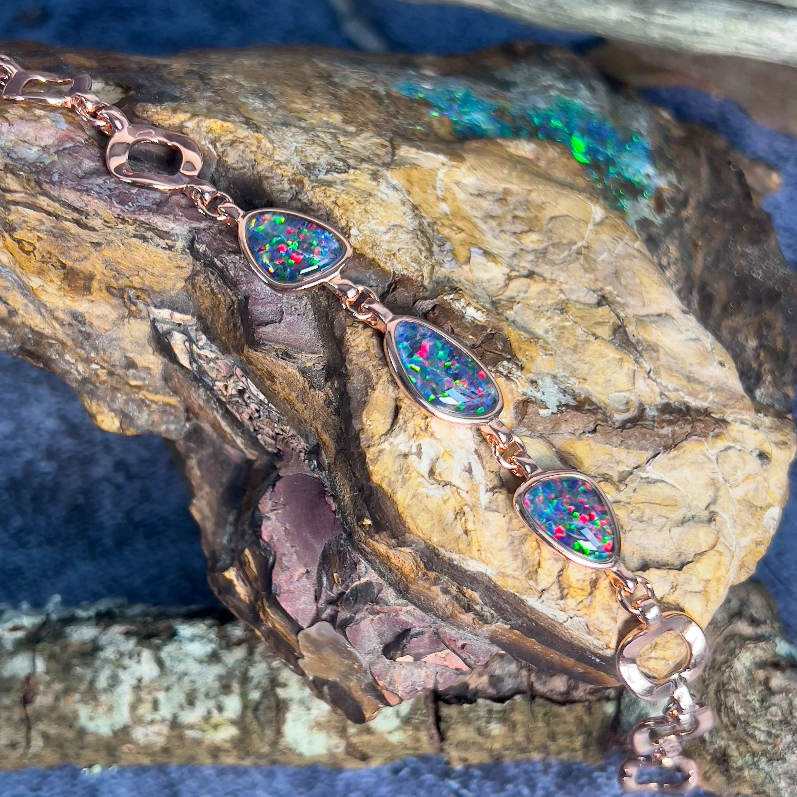 Rose Gold plated silver bracelet with freeform Opal triplets