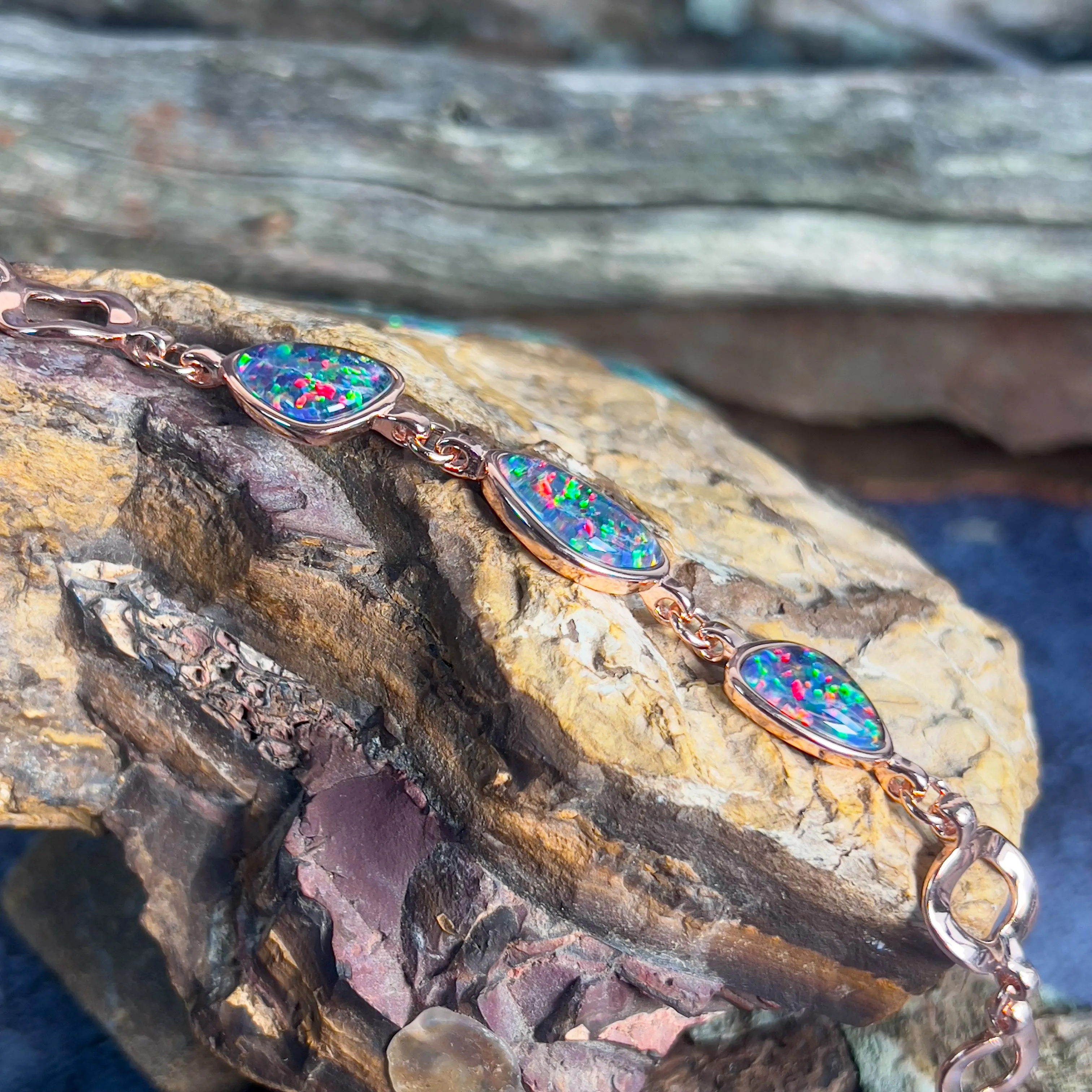 Rose Gold plated silver bracelet with freeform Opal triplets