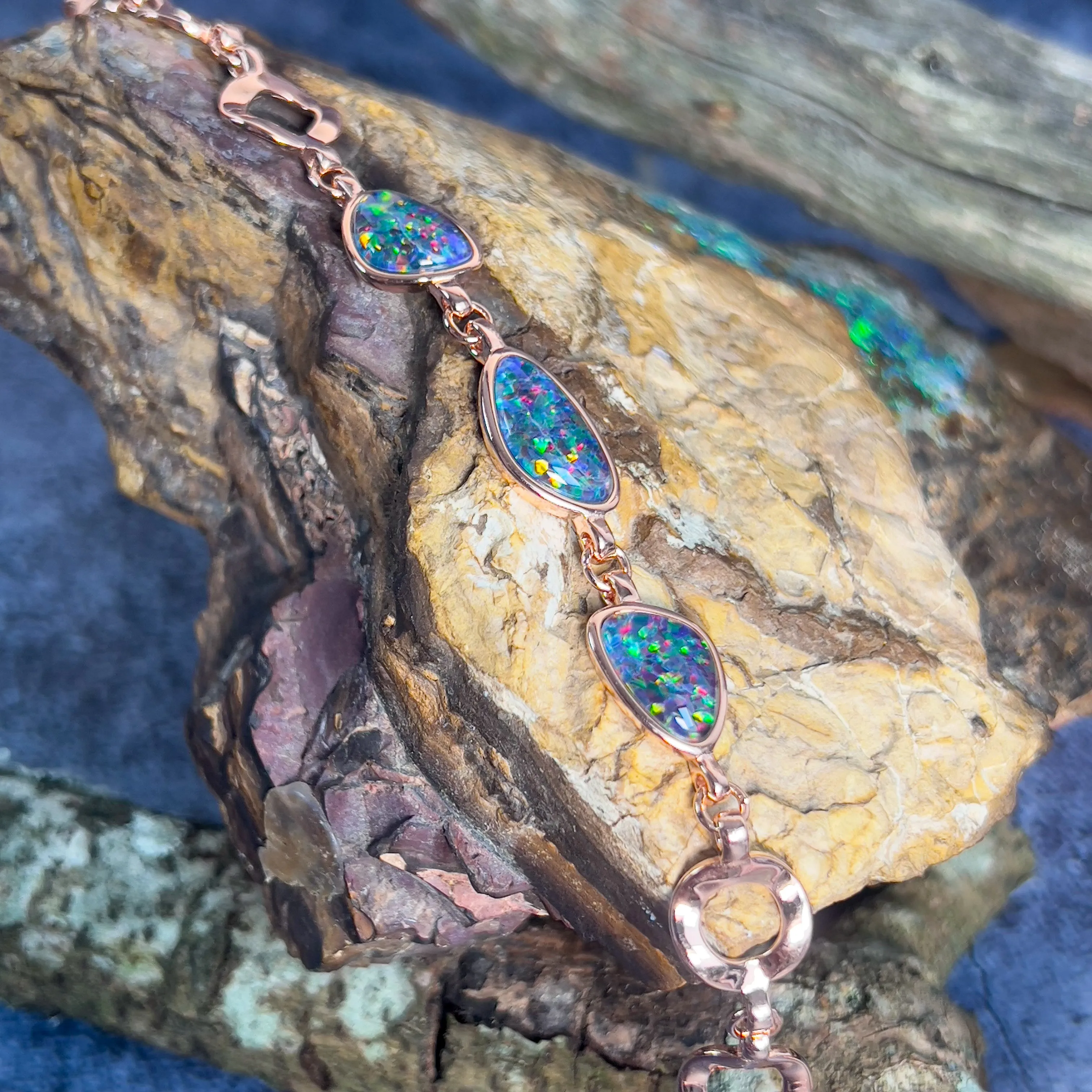 Rose Gold plated silver bracelet with freeform Opal triplets