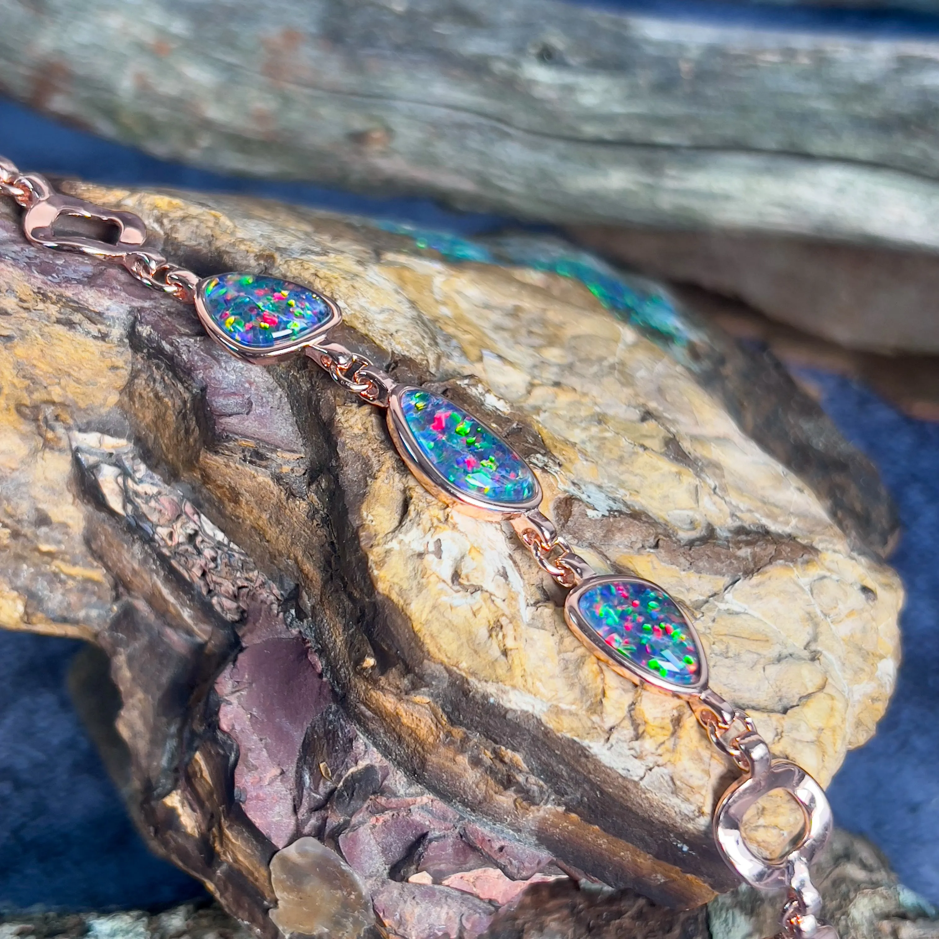 Rose Gold plated silver bracelet with freeform Opal triplets