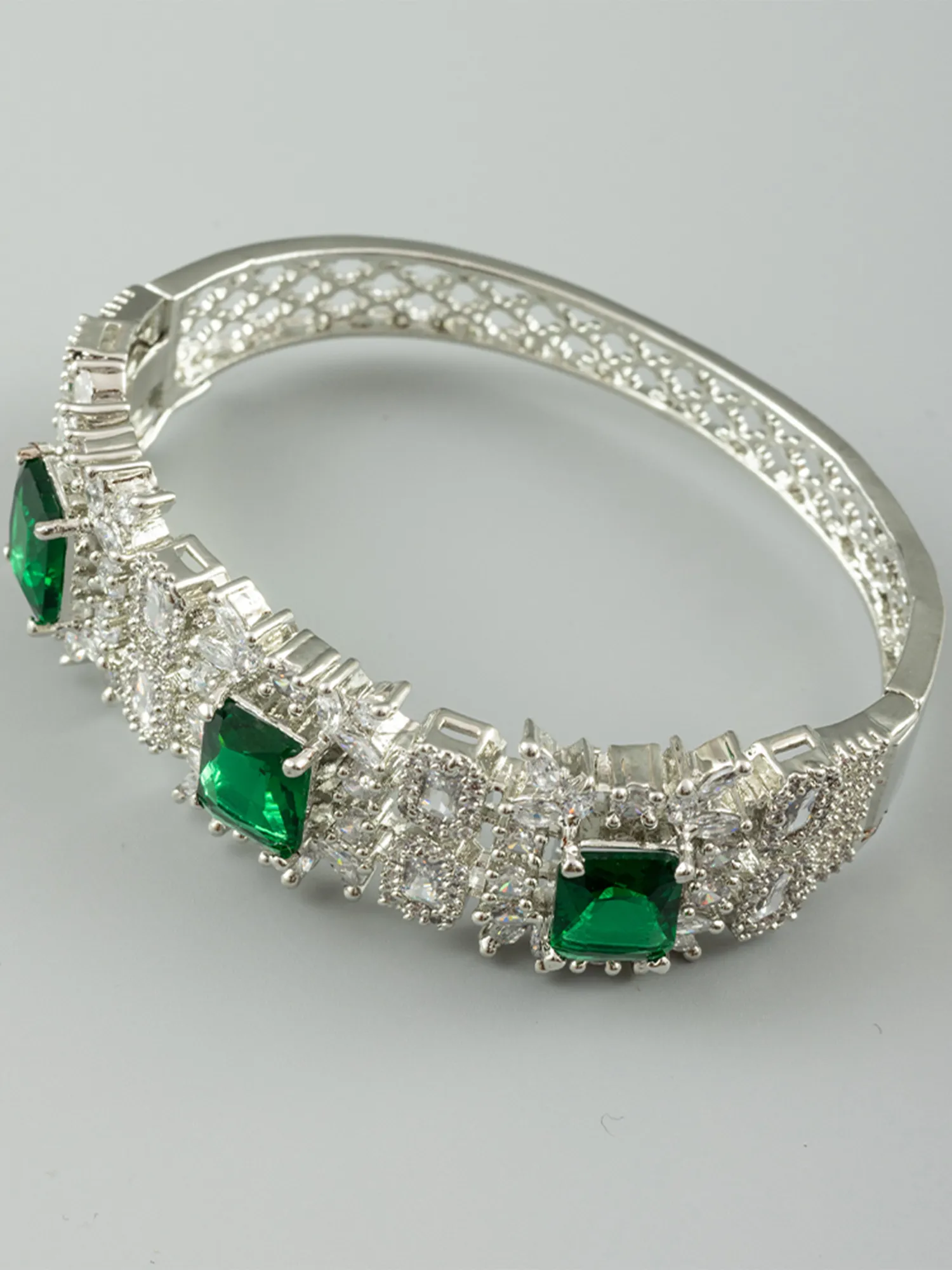 Silver-Plated American Diamond Bracelet with Green Zircon Stones