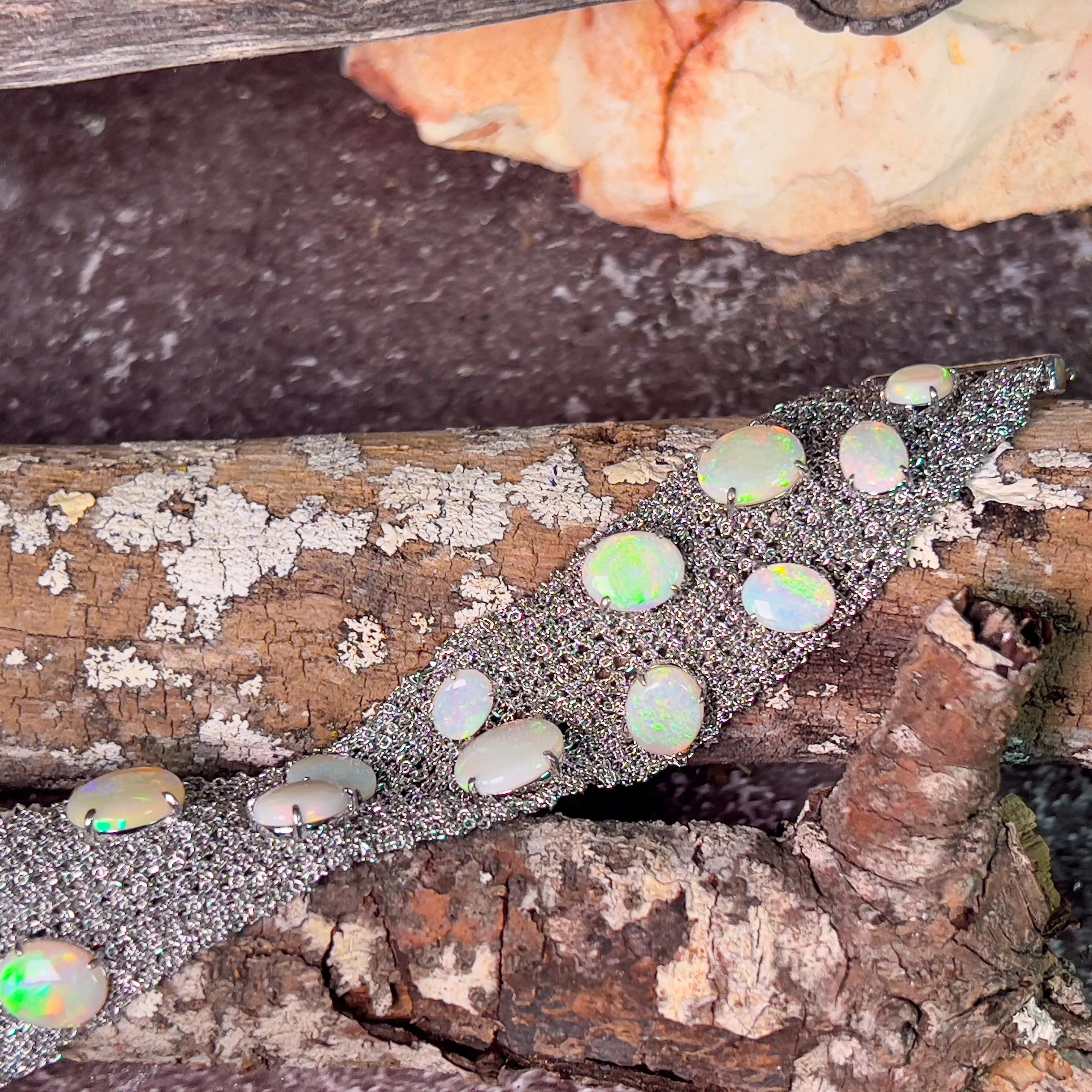 Sterling Silver chain mail wide bracelet with 16.72ct Opals