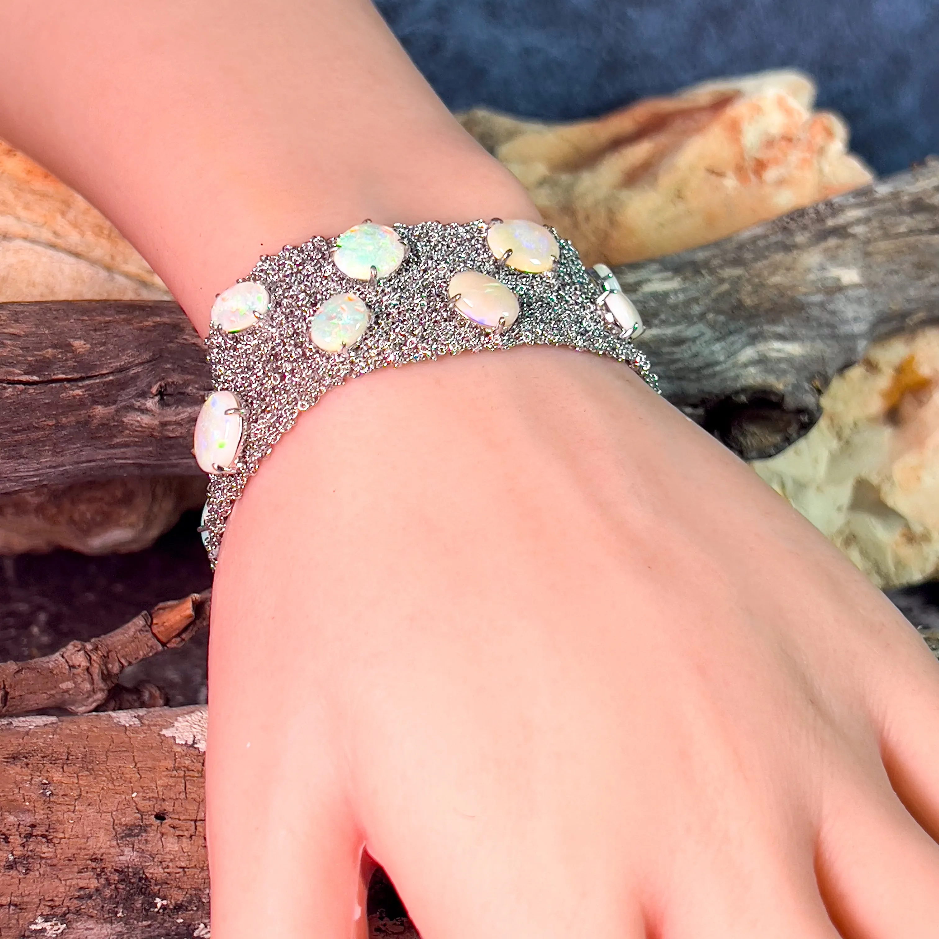 Sterling Silver chain mail wide bracelet with 16.72ct Opals