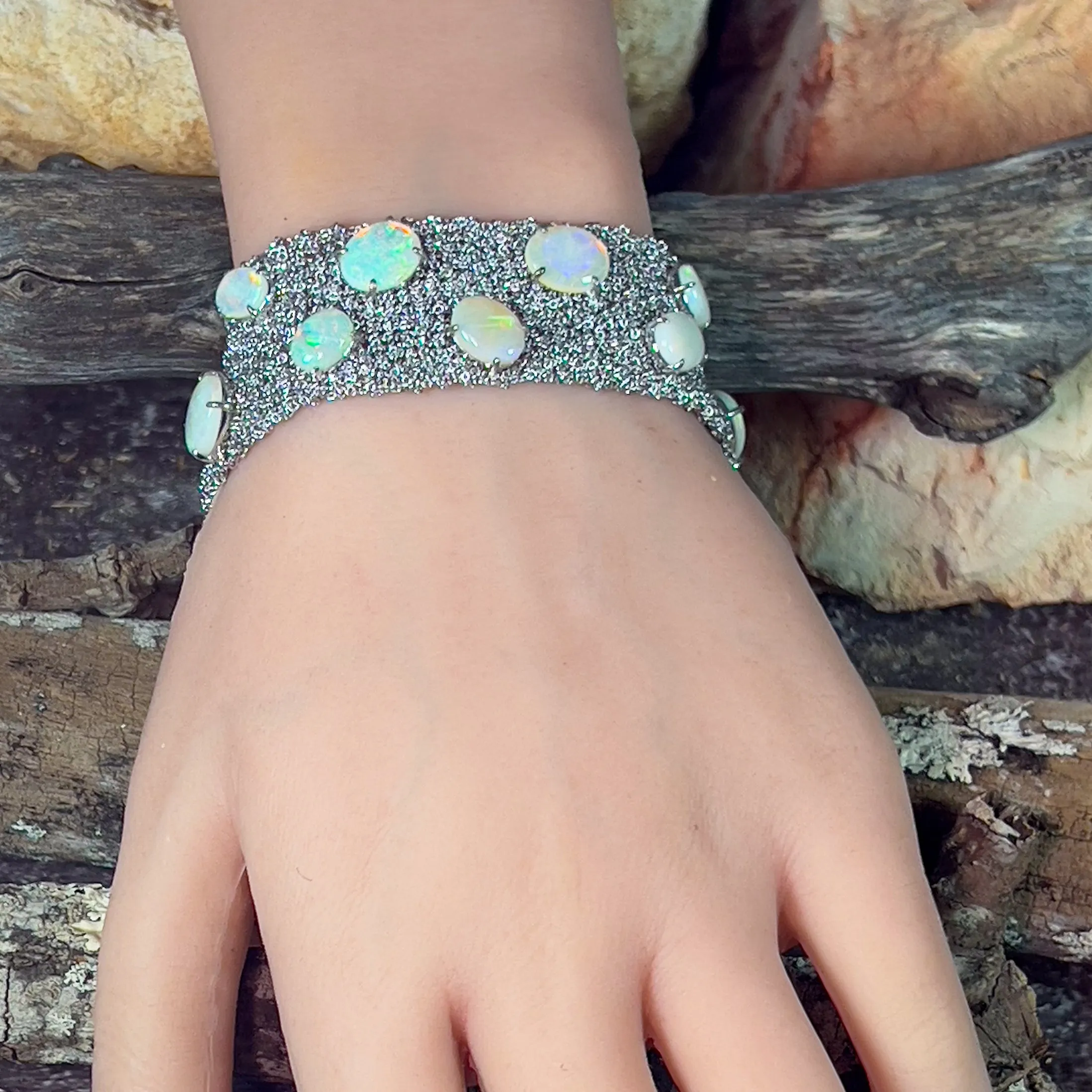 Sterling Silver chain mail wide bracelet with 16.72ct Opals
