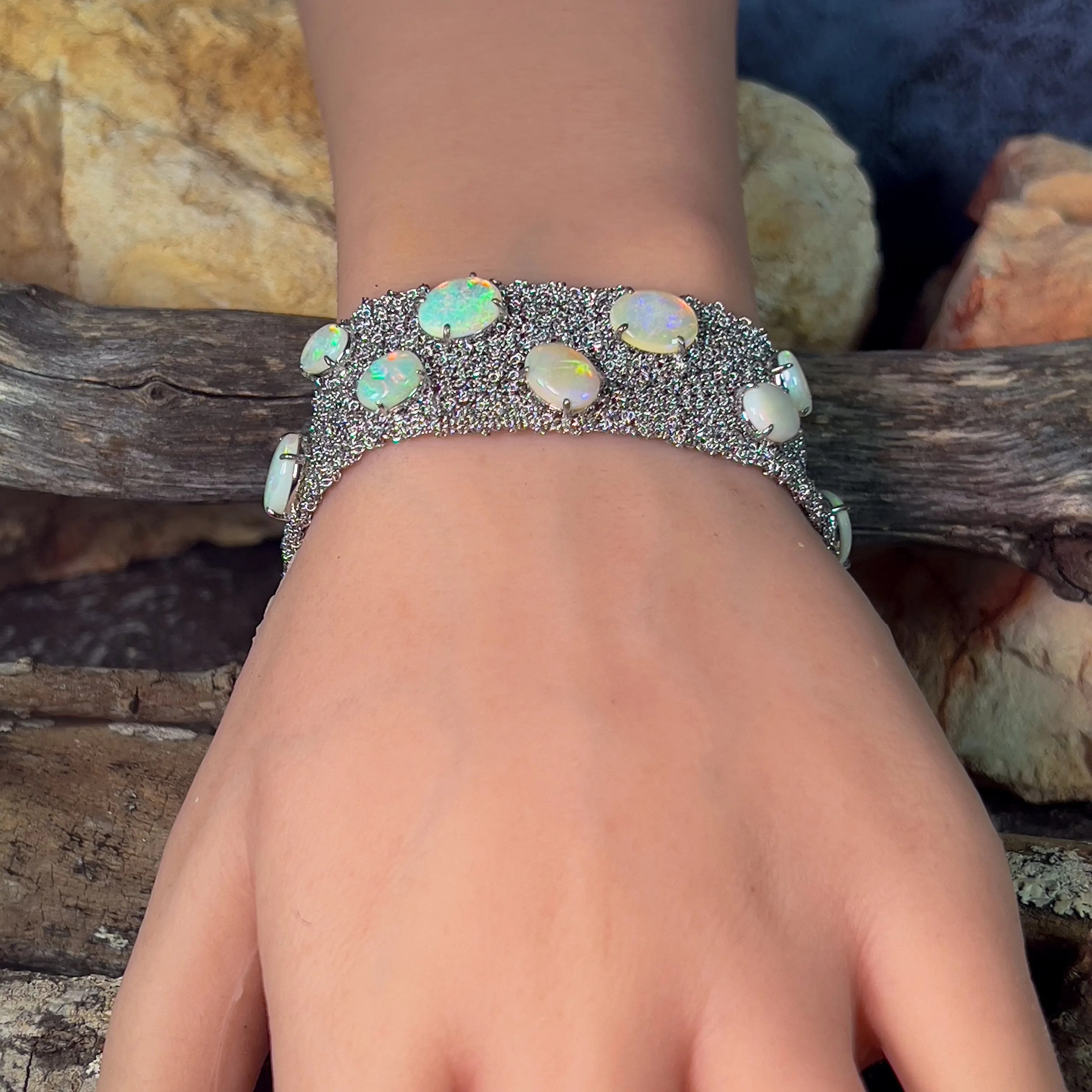 Sterling Silver chain mail wide bracelet with 16.72ct Opals