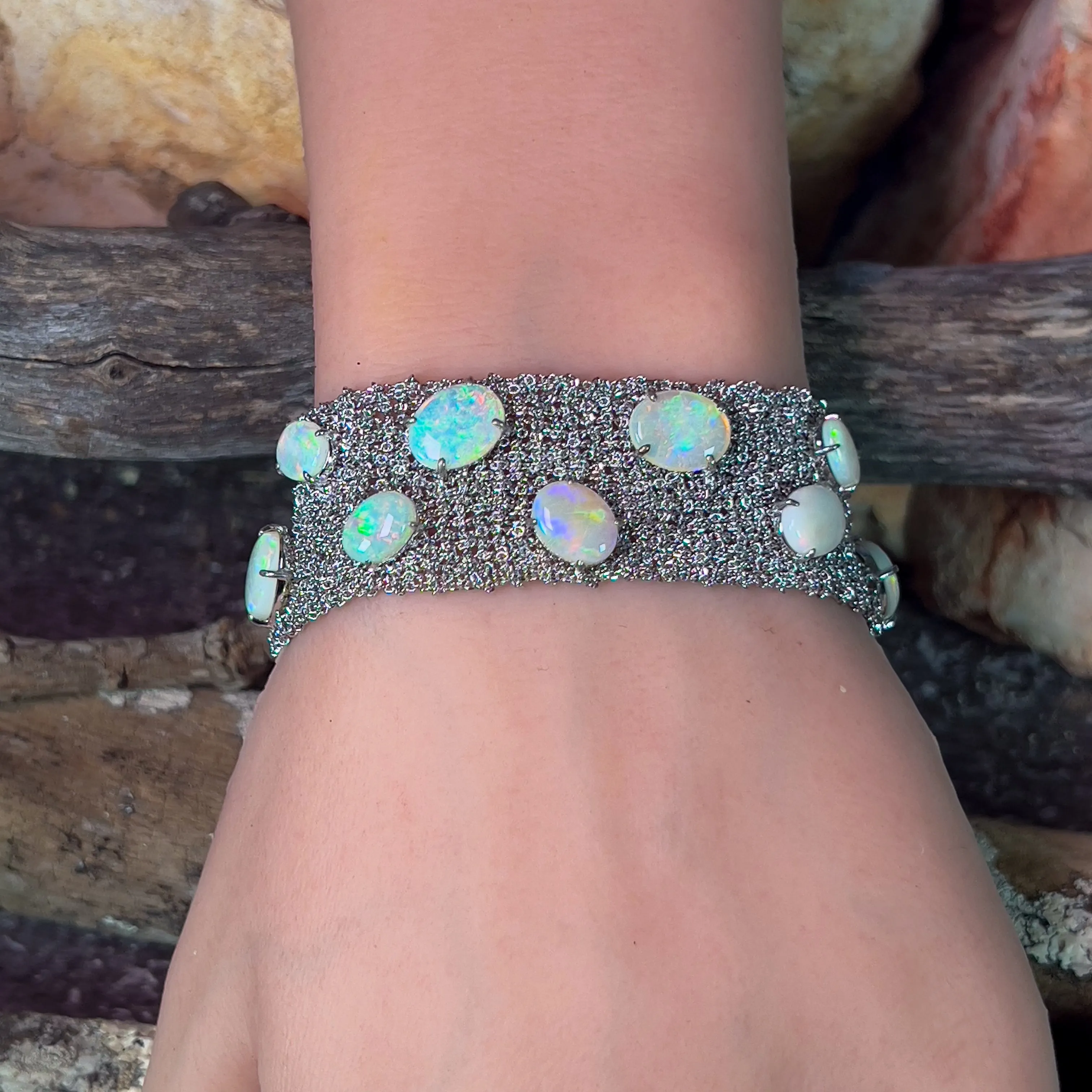 Sterling Silver chain mail wide bracelet with 16.72ct Opals