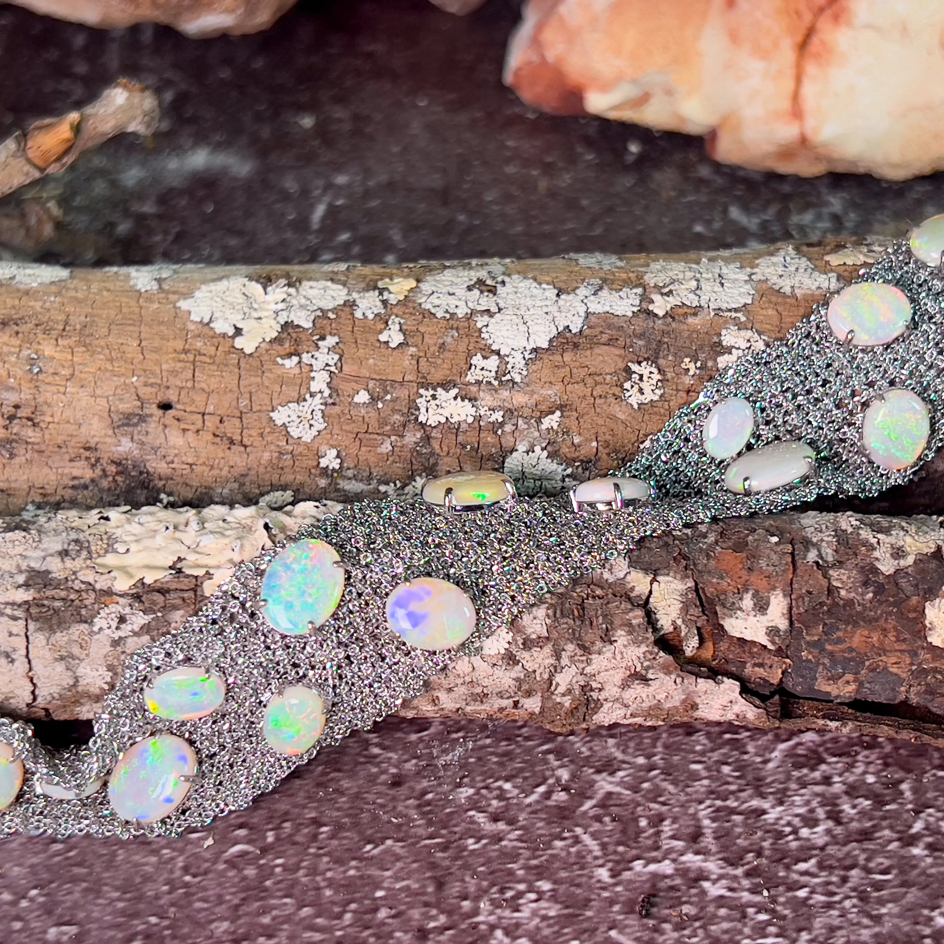 Sterling Silver chain mail wide bracelet with 16.72ct Opals