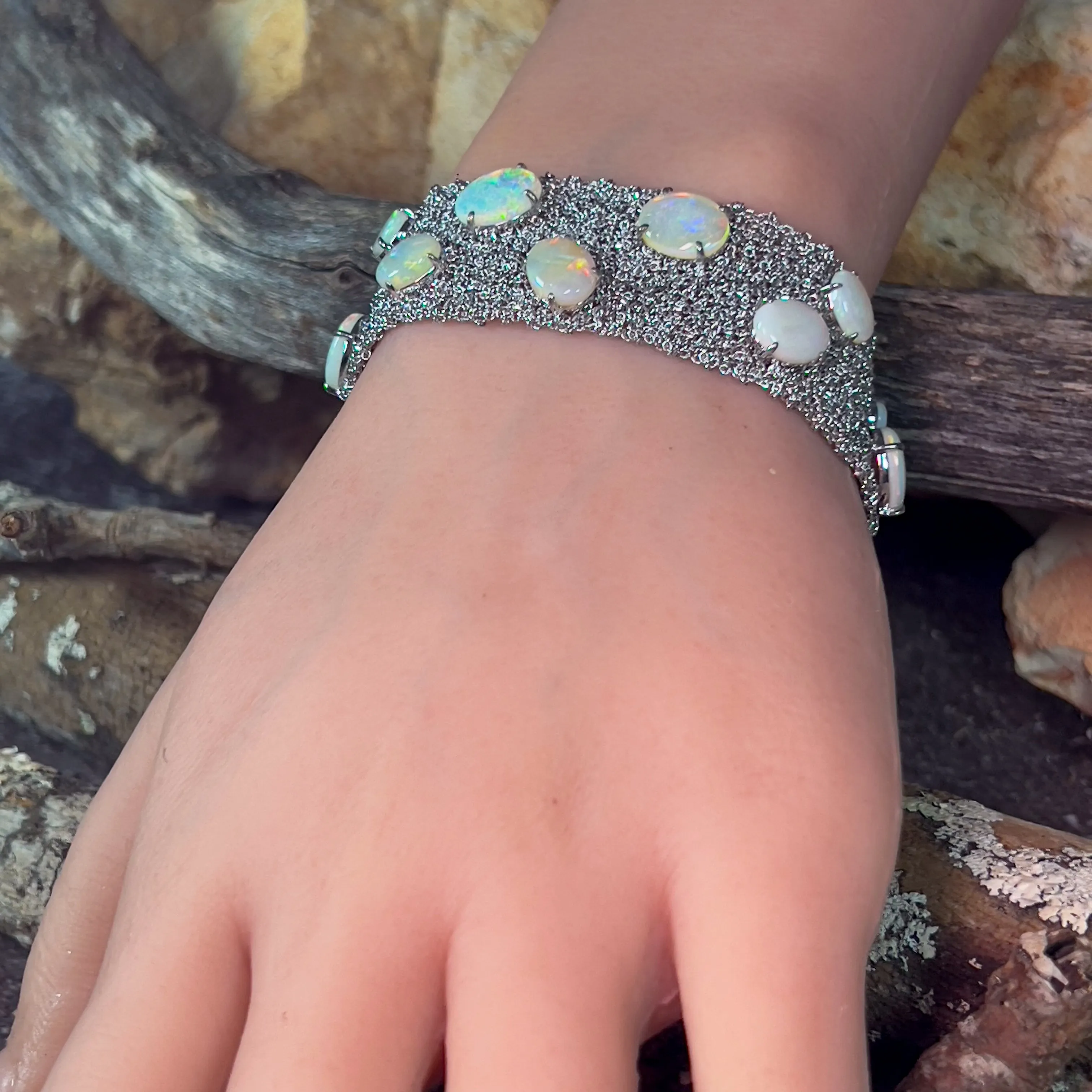 Sterling Silver chain mail wide bracelet with 16.72ct Opals