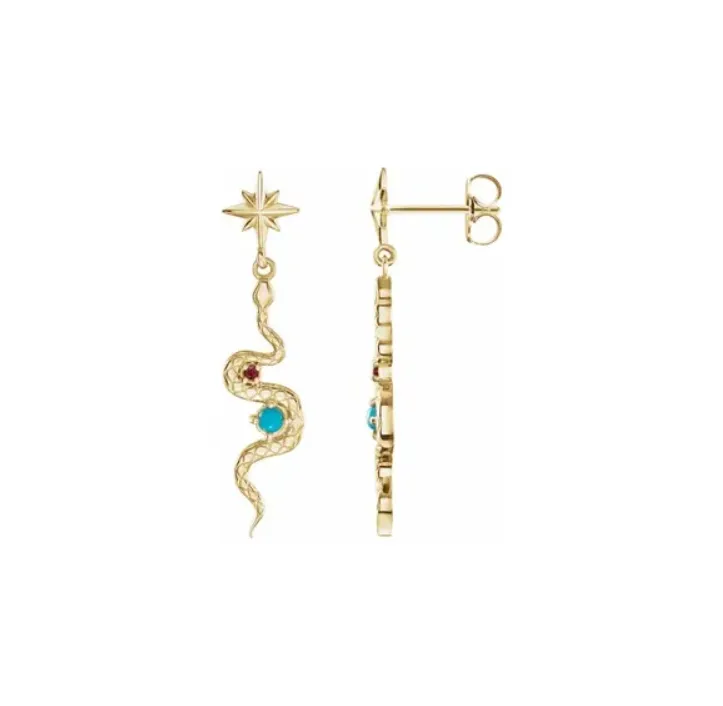 Turquoise and Ruby Star Snake Dangle Earrings - available on special order