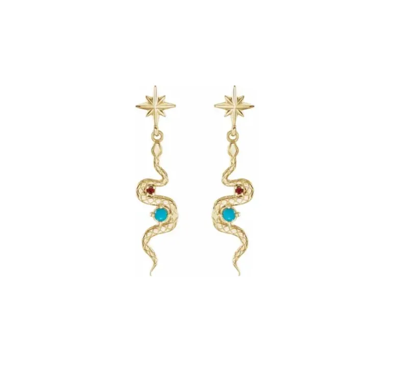 Turquoise and Ruby Star Snake Dangle Earrings - available on special order