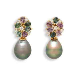 Tutti Frutti Sapphire, Diamond and Tahitian Pearl Earrings