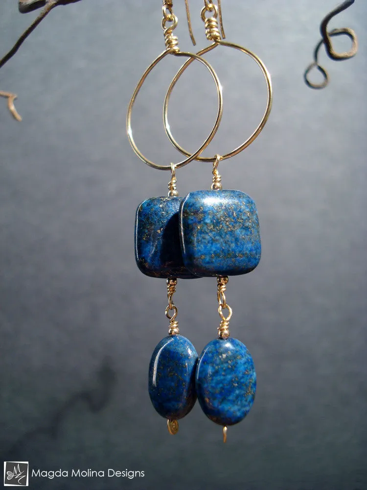 WHOLESALE - The Long Dangling Lapis Lazuli & Gold Hoop Earrings