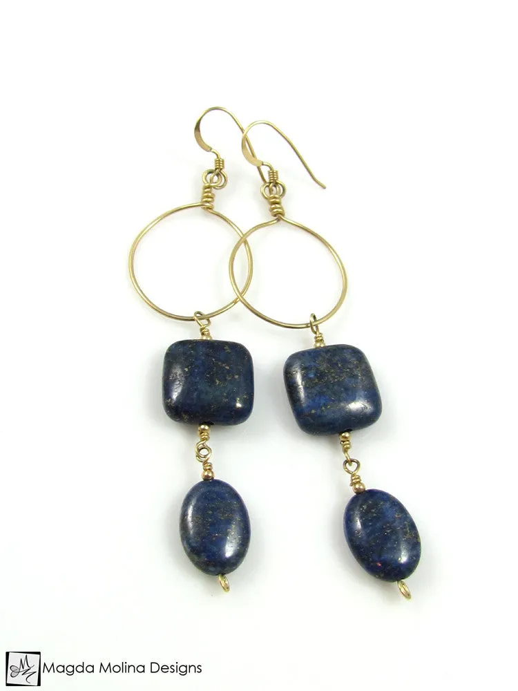 WHOLESALE - The Long Dangling Lapis Lazuli & Gold Hoop Earrings