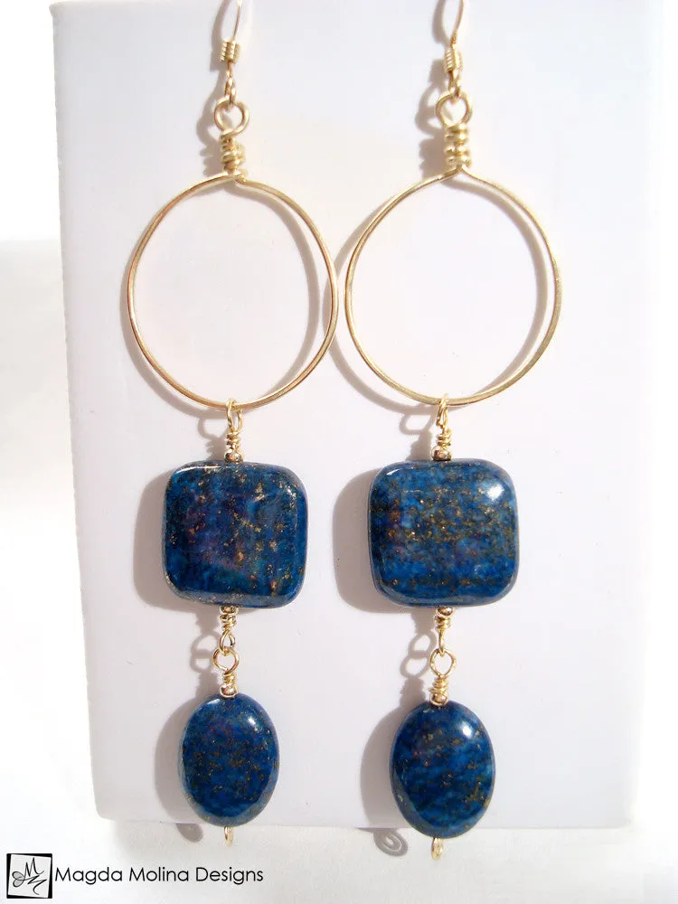 WHOLESALE - The Long Dangling Lapis Lazuli & Gold Hoop Earrings