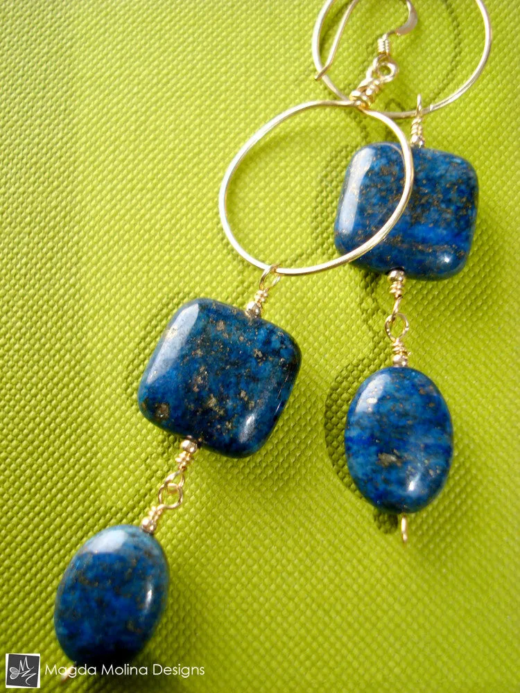 WHOLESALE - The Long Dangling Lapis Lazuli & Gold Hoop Earrings