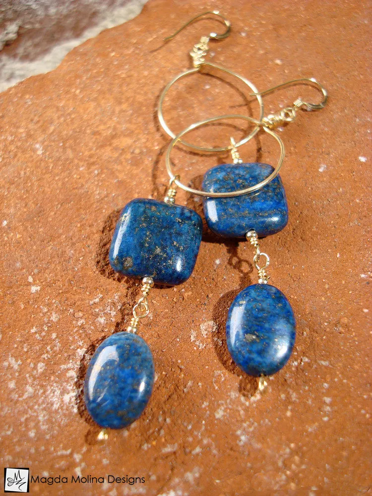 WHOLESALE - The Long Dangling Lapis Lazuli & Gold Hoop Earrings