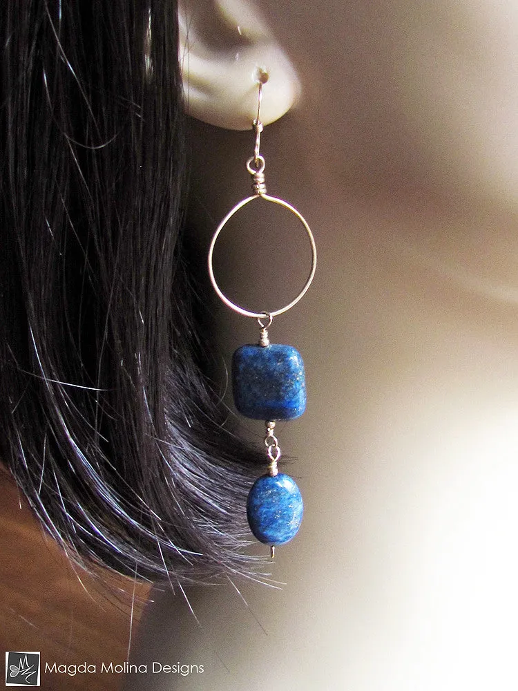 WHOLESALE - The Long Dangling Lapis Lazuli & Gold Hoop Earrings